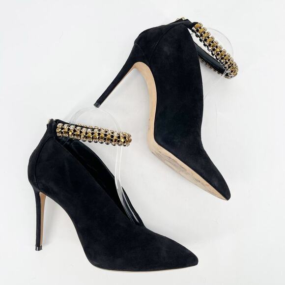 Jimmy Choo Lux 100 Black Suede Gold Crystal Ankle Strap Vamp Booties size IT 40 - Picture 3 of 11